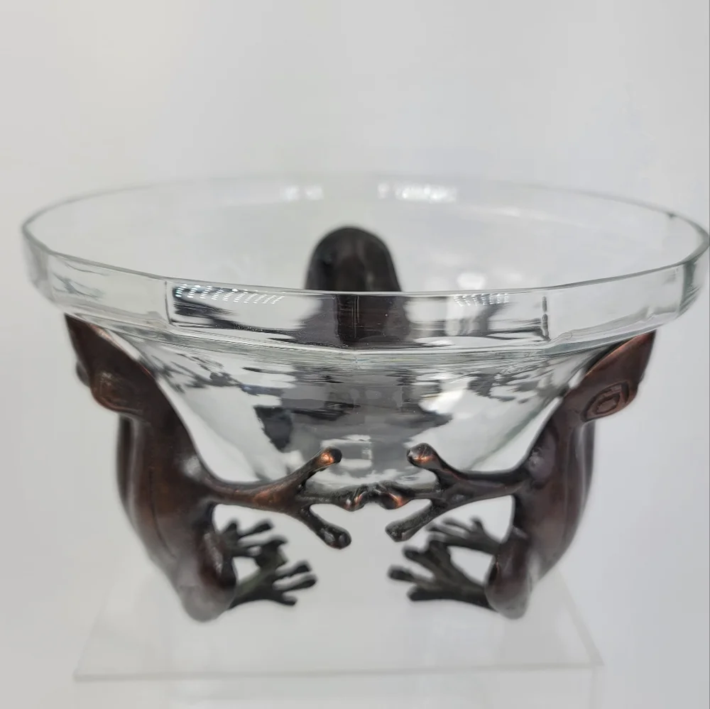 Decorative Glass Bowl Vase Centerpiece with Three Sitting Metal Frogs Stand Base